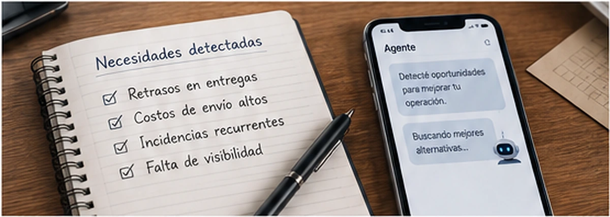 Una libreta enumera necesidades detectadas mientras un agente propone buscar alternativas en un teléfono