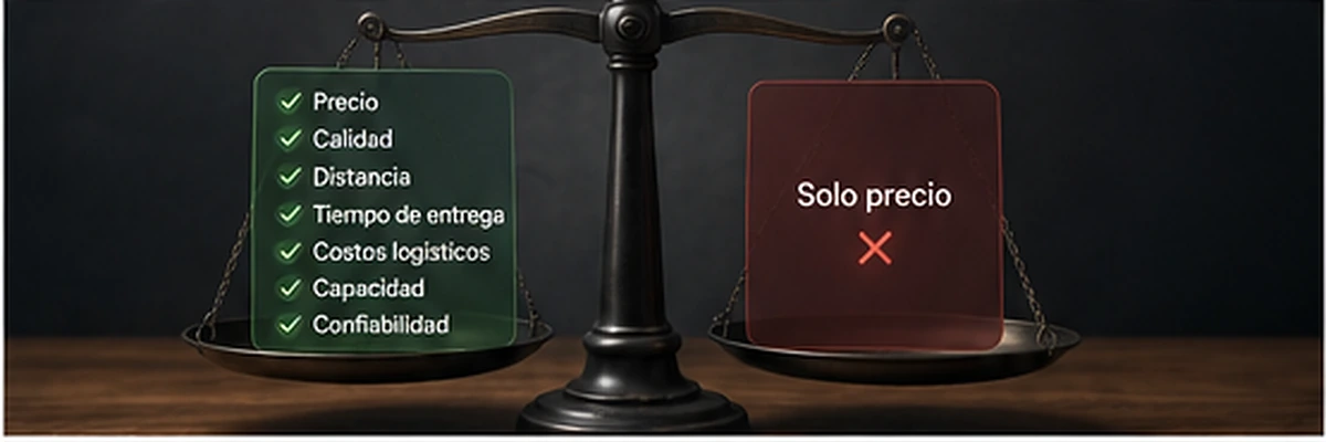 Una balanza compara precio, calidad, distancia, entrega, logística y capacidad frente a usar solamente el precio