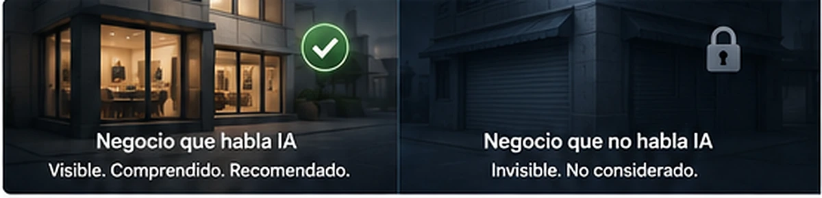 Comparación entre un negocio visible que habla IA y un negocio invisible sin información conectada