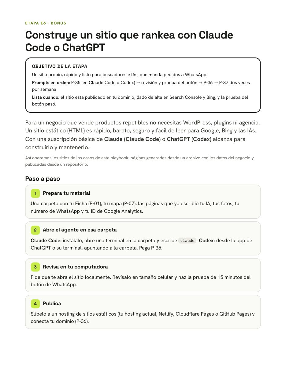 Página del bonus para construir un sitio con Claude Code o ChatGPT