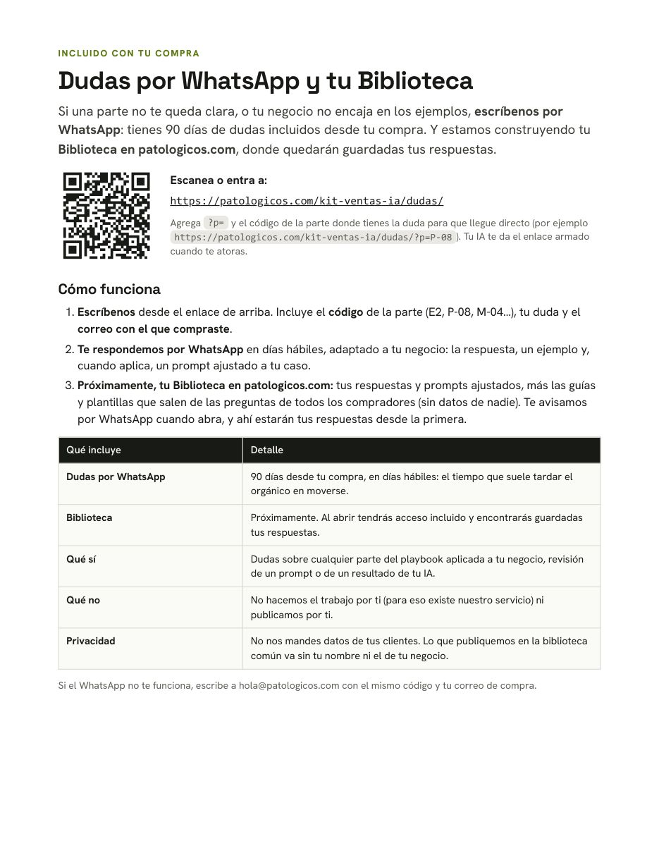 Página de dudas por WhatsApp y Biblioteca